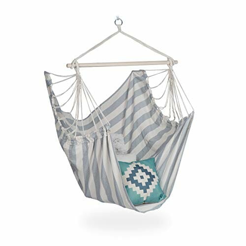 Relaxdays Fotel wiszący, XL fotel wiszący z bawełny, dla dzieci i dorosłych, do zawieszenia, wewnątrz i na zewnątrz, 150 kg, szary/biały