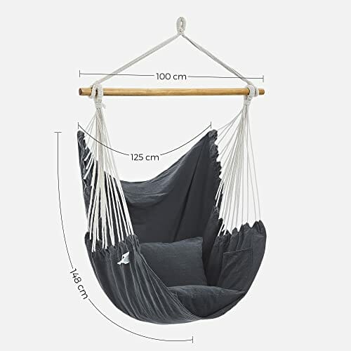 SONGMICS Fotel wiszący, huśtawka wisząca, krzesło wiszące z 2 poduszkami, metalowy łańcuszek, obciążenie do 150 kg, do użytku wewnątrz i na zewnątrz, do salonu, sypialni, ciemnoszary GDC187G02 - obrazek 6