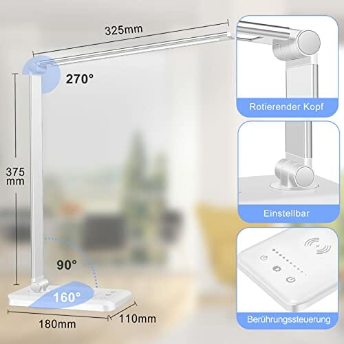 Wilktop Lampa biurkowa LED, ściemniana lampa stołowa 6 W, bezprzewodowe ładowanie i port ładowania USB, ochrona oczu, lampa do czytania, 10 poziomów jasności, 5 kolorów panel dotykowy sterowanie lampa stołowa do czytania - obrazek 12