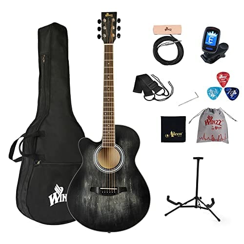 Winzz Gitara dla leworęcznych, gitara westernowa, czarna, 100 cm, zestaw dla początkujących z korektorem dźwięku, stojakiem, kostką do gitary, pasem do gitary, torbą