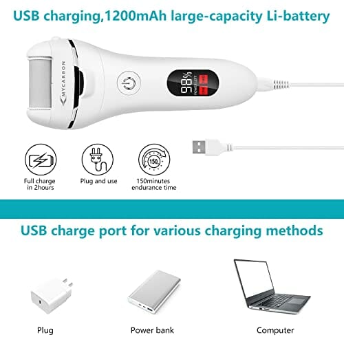 MYCARBON Elektryczny przyrząd do usuwania zrogowaciałego naskórka, z wyświetlaczem LED, 1200 mAh, do ponownego ładowania, elektryczny przyrząd do usuwania zrogowaciałego naskórka, z 2 zapasowymi rolkami, IPX5, wodoszczelny strug do pielęgnacji stóp, zestaw do pedicure - obrazek 4