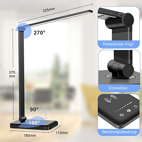 Wilktop Lampa biurkowa LED, ściemniana lampa stołowa 6 W, bezprzewodowe ładowanie i port ładowania USB, ochrona oczu, lampa do czytania, 10 poziomów jasności, 5 kolorów paneli dotykowych, lampa stołowa dla czytelników - obrazek 13