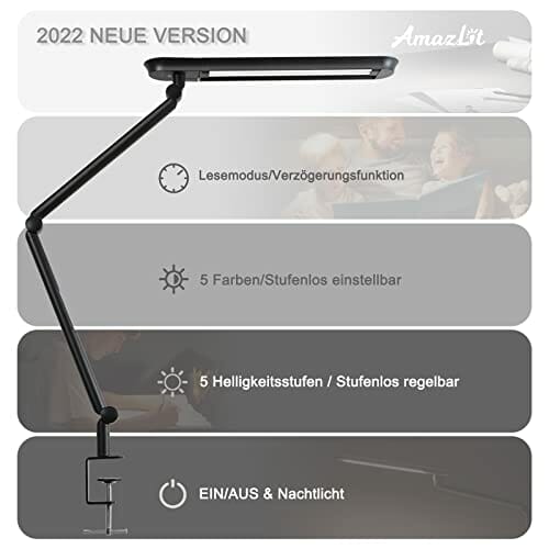 AmazLit lampa biurkowa LED, 1100 lumenów, z zaciskiem, ramię obrotowe, lampa architektoniczna, 18 W, wysoka jasność, bez oślepiania, ochrona oczu, lampa biurowa, oświetlenie wielozadaniowe / funkcja - obrazek 7