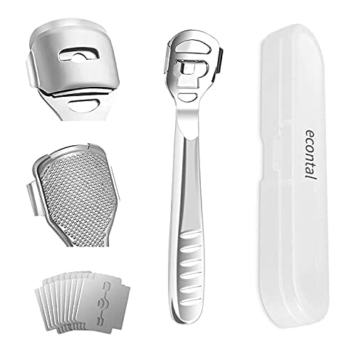 Econtal Szatkownica do zrogowaciałego naskórka z uchwytem ze stali nierdzewnej, przyrząd do usuwania zrogowaciałego naskórka, do pielęgnacji stóp, z 10 ostrzami w pudełku
