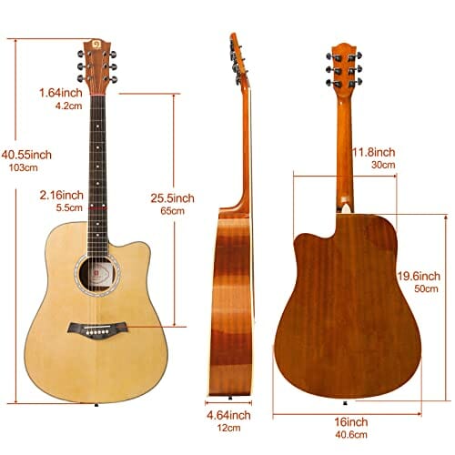 Vangoa Gitara akustyczna 4/4, dla początkujących dorosłych, gitara westernowa Cutaway drewno świerkowe, zestaw dla początkujących z 6 stalowymi strunami, paskiem, kostkami do uderzania, naturalna - obrazek 4