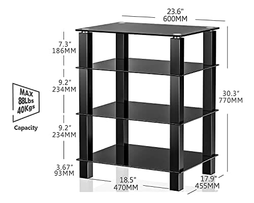 FITUEYES HiFi stojak AV półka 4-poziomowy szklany stojak pod telewizor z półkami do przechowywania nośników ze szkła hartowanego, czarny AS406002 GB - obrazek 6