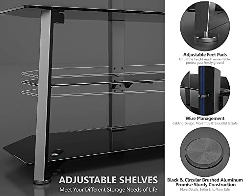 FITUEYES Narożny stojak na telewizor do telewizorów od 32 do 70 cali, uniwersalny wspornikowy stojak podłogowy do telewizora z otwartymi szklanymi półkami do przechowywania, czarny, 45 kg - obrazek 6