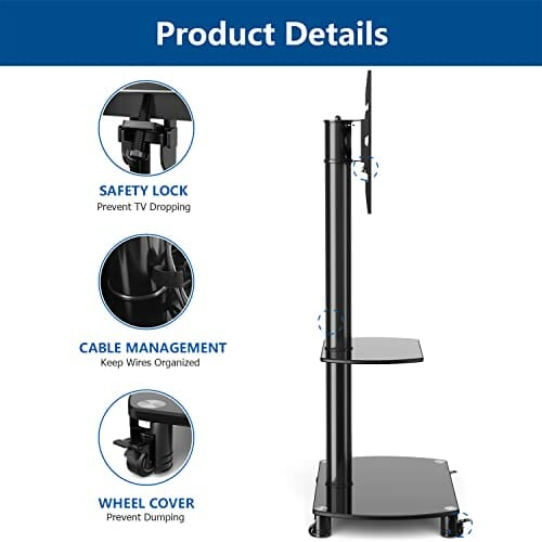 RFIVER Mobilny stojak na telewizor do większości płaskich i zakrzywionych wózków telewizyjnych o przekątnej 32–70 cali, z półkami ze szkła hartowanego, zamykane kółka, uchwyt, obrotowa regulacja wysokości, maks. VESA 600 x 400 mm - obrazek 5