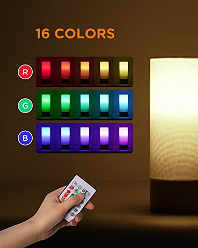 Tomons Lampa nocna z drewna, ściemniana lampa stołowa RGB, z pilotem zdalnego sterowania i żarówką, styl skandynawski, lampa stołowa z abażurem z materiału, do sypialni, salonu, gabinetu, biała - obrazek 6