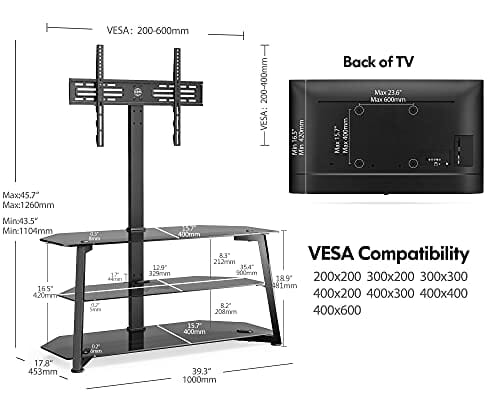 FITUEYES Narożny stojak na telewizor do telewizorów od 32 do 70 cali, uniwersalny wspornikowy stojak podłogowy do telewizora z otwartymi szklanymi półkami do przechowywania, czarny, 45 kg - obrazek 3
