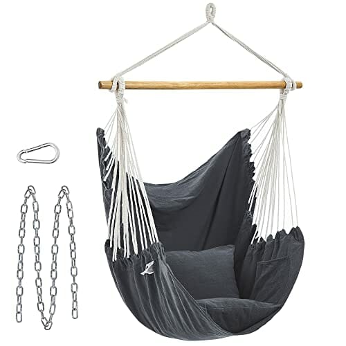 SONGMICS Fotel wiszący, huśtawka wisząca, krzesło wiszące z 2 poduszkami, metalowy łańcuszek, obciążenie do 150 kg, do użytku wewnątrz i na zewnątrz, do salonu, sypialni, ciemnoszary GDC187G02