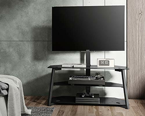 FITUEYES Narożny stojak na telewizor do telewizorów od 32 do 70 cali, uniwersalny wspornikowy stojak podłogowy do telewizora z otwartymi szklanymi półkami do przechowywania, czarny, 45 kg - obrazek 2