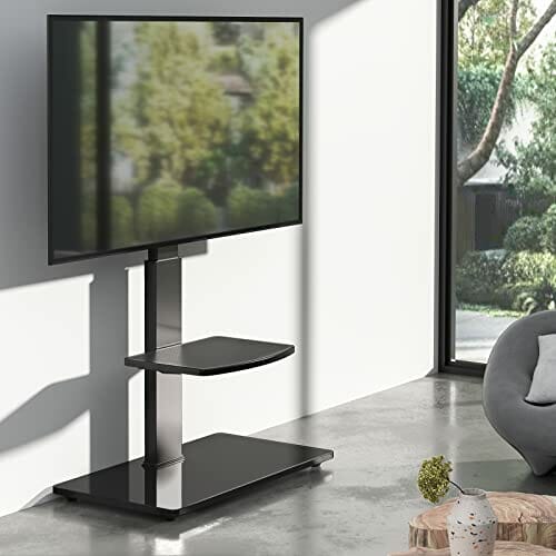 RFIVER Uniwersalny wysoki, obrotowy stojak podłogowy do telewizora na płaskie zakrzywione ekrany o średnicy do 50 kg z regulacją wysokości z podstawą ze szkła hartowanego do zarządzania kablami, czarny do końca łóżka, salonu - obrazek 8