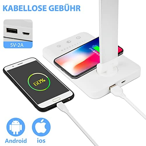 Wilktop Lampa biurkowa LED, ściemniana lampa stołowa 6 W, bezprzewodowe ładowanie i port ładowania USB, ochrona oczu, lampa do czytania, 10 poziomów jasności, 5 kolorów panel dotykowy sterowanie lampa stołowa do czytania - obrazek 15