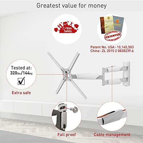 Barkan 76 cm długi biały uchwyt ścienny do telewizora, 13 - 65 cali wychylny / pochylany / ruchomy uchwyt na telewizor, wytrzymuje do 36 kg, bardzo długi wysuw, do LED OLED LCD, maks. VESA 400 x 400 - obrazek 9