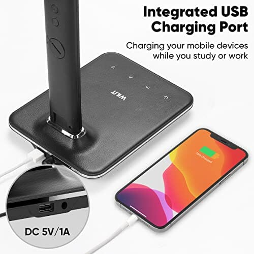 WILIT U13 9 W lampa biurkowa LED z przyłączem USB do ładowania smartfona, 3 kolory i 5 poziomów ściemniania, kalendarz na ekranie i budzik, sterowanie dotykowe, czarna - obrazek 7