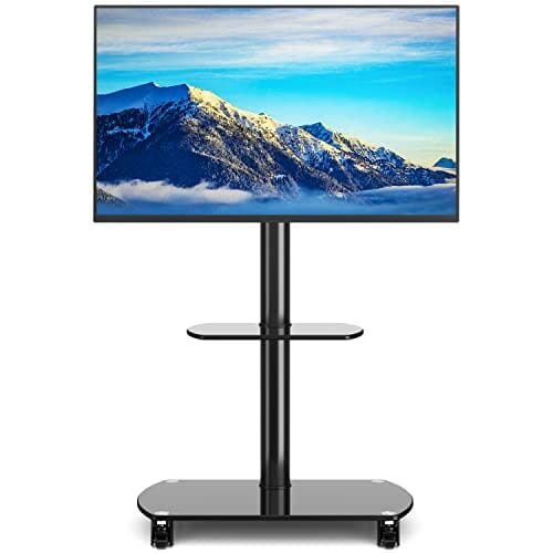RFIVER Mobilny stojak na telewizor do większości płaskich i zakrzywionych wózków telewizyjnych o przekątnej 32–70 cali, z półkami ze szkła hartowanego, zamykane kółka, uchwyt, obrotowa regulacja wysokości, maks. VESA 600 x 400 mm - obrazek 8