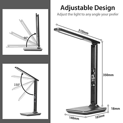 WILIT U13 9 W lampa biurkowa LED z przyłączem USB do ładowania smartfona, 3 kolory i 5 poziomów ściemniania, kalendarz na ekranie i budzik, sterowanie dotykowe, czarna - obrazek 3