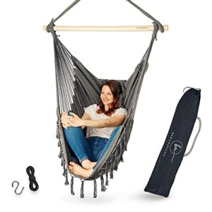 BELLAMATILDA fotel wiszący, 3 poduszki i akcesoria z linką i haczykami, huśtawka wisząca do użytku na zewnątrz i wewnątrz, siedzisko wiszące XXL dla dorosłych i dzieci, do 150 kg, do ogrodu, salonu, na balkon (Ocean Gray)