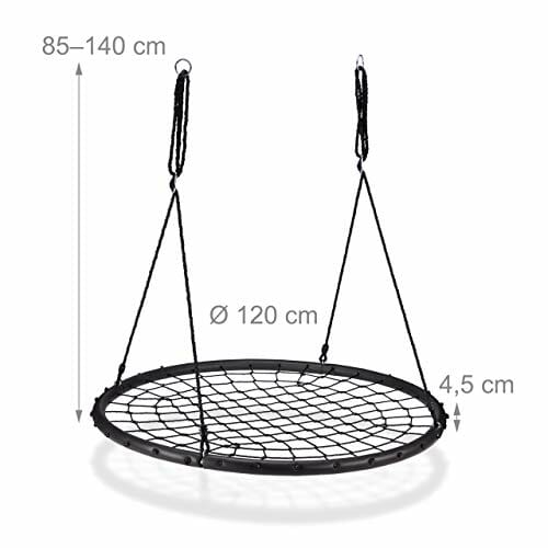 Relaxdays Huśtawka ogrodowa z siatką, Ø 120 cm, huśtawka ogrodowa dla dzieci i dorosłych, do 150 kg, regulowana, czarna, wys. x śr.: ok. 4,5 x 120 cm - obrazek 7