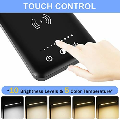 Wilktop Lampa biurkowa LED, ściemniana lampa stołowa 6 W, bezprzewodowe ładowanie i port ładowania USB, ochrona oczu, lampa do czytania, 10 poziomów jasności, 5 kolorów paneli dotykowych, lampa stołowa dla czytelników - obrazek 16