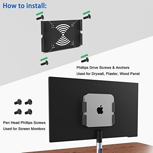 Hikig Mac Mini Mount, niestandardowy metalowy uchwyt na Mac Mini, uchwyt ścienny, uchwyt pod biurkiem, uchwyt VESA do Mac Mini, kompatybilny z Mac Mini 2010 Mac Mini - 2022 M1 Mac Mini, ze śrubami do płyt kartonowo-gipsowych, kotwami, śrubami VESA - obrazek 4