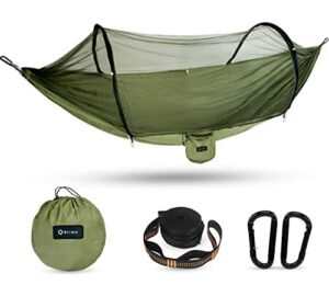 BTRWOR Hamak, hamak outdoorowy z moskitierą | nylonowy hamak podróżny | nośność 300 kg | 260 x 140 cm | akcesoria kempingowe do użytku na zewnątrz, wewnątrz z pasami na drzewo (oliwkowy)