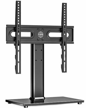 FITUEYES Uniwersalna obrotowa podstawa pod telewizor ze wspornikiem do telewizorów 27-55 cali - Podstawa pod telewizor z regulacją wysokości, podstawa ze szkła hartowanego i zarządzanie kablami, maks. VESA 400x400mm, Udźwig 40 kg