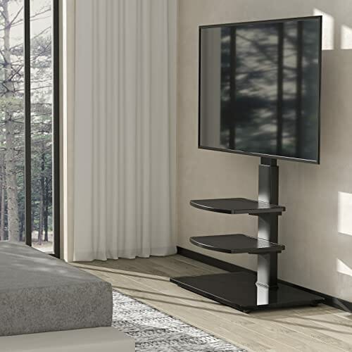 RFIVER Wolnostojący obrotowy stojak na telewizor Wysoki telewizor na 32-65 calowy płaski zakrzywiony ekran LCD / LED z regulacją wysokości z 3-poziomowymi półkami Max VESA 600x400mm do 50kgs - obrazek 8