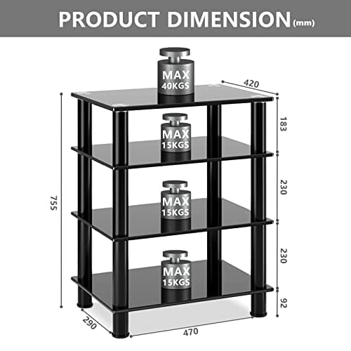 RFIVER Stojak HiFi Półka AV Stojak na stolik pod telewizor 4 poziomy Półki ze szkła hartowanego na gramofon Gramofon Stojak na konsolę Xbox Płyta do rozrywki audio Szafka multimedialna Czarny - obrazek 6