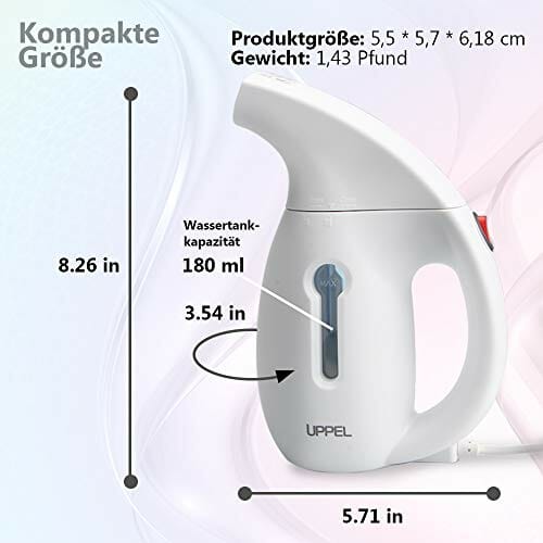 UPPEL Żelazko parowe Steamer, żelazko podróżne, szczotka parowa, przenośna ze zbiornikiem na wodę 180 ml, mini idealne do domu, na urlop i w podróży służbowej, bezpieczne i lekkie - obrazek 6