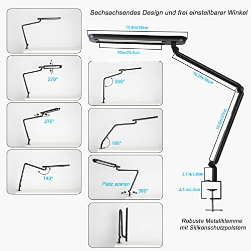 AmazLit lampa biurkowa LED, 1100 lumenów, z zaciskiem, ramię obrotowe, lampa architektoniczna, 18 W, wysoka jasność, bez oślepiania, ochrona oczu, lampa biurowa, oświetlenie wielozadaniowe / funkcja - obrazek 6