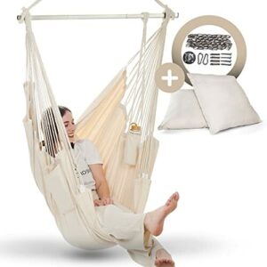 Fotel wiszący do użytku wewnątrz i na zewnątrz, fotel wiszący bez ramy, huśtawka wisząca dla dorosłych i dzieci, z podnóżkiem i poduszką (beżowy z zestawem mocującym)