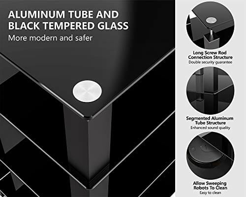 FITUEYES HiFi stojak AV półka 4-poziomowy szklany stojak pod telewizor z półkami do przechowywania nośników ze szkła hartowanego, czarny AS406002 GB - obrazek 5