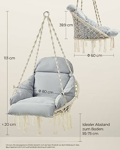 SONGMICS Fotel wiszący, huśtawka wisząca, krzesło wiszące z grubą poduszką, obciążenie do 120 kg, do ogrodu, na balkon, do salonu, na taras, styl skandynawski, nowoczesny, beżowo-szary GDC042G01 - obrazek 4