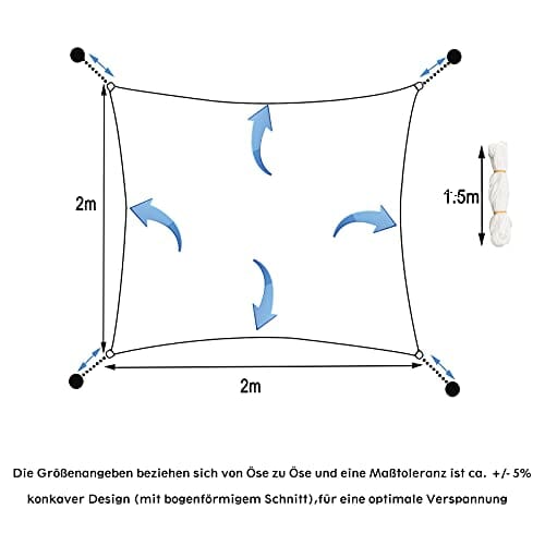 WOLTU Sonnensegel rechteckig 2x2m Sonnenschutz HDPE Durchlässig Atmungsaktiv Sonnendach UV Schutz mit Befestigung Set - obrazek 3
