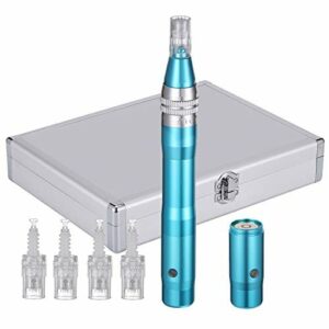 BOWKA elektryczne narzędzie Derma Pen Microneedling Pen z 12 wkładów mikro derma, elektryczne urządzenie z igłami, które można bezprzewodowo ładować, zmiana w zakresie od 0,25 do 2,5 mm (niebieskie)