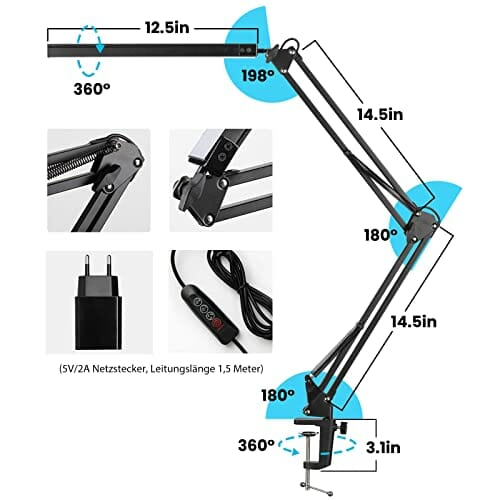 Lampa Biurkowa LED z Zaciskiem (Swing Arm - Czarny) - obrazek 12