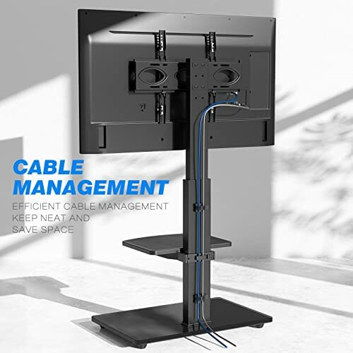 RFIVER Uniwersalny wysoki, obrotowy stojak podłogowy do telewizora na płaskie zakrzywione ekrany o średnicy do 50 kg z regulacją wysokości z podstawą ze szkła hartowanego do zarządzania kablami, czarny do końca łóżka, salonu - obrazek 5