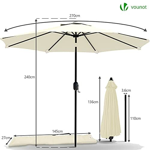 VOUNOT Sonnenschirm 270 cm mit Kurbelvorrichtung, Knickbar, Sonnenschutz UV-Schutz, Balkonschirm Gartenschirm Marktschirm mit Schutzhülle, Beige - obrazek 3