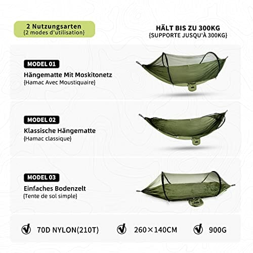 BTRWOR Hamak, hamak outdoorowy z moskitierą | nylonowy hamak podróżny | nośność 300 kg | 260 x 140 cm | akcesoria kempingowe do użytku na zewnątrz, wewnątrz z pasami na drzewo (oliwkowy) - obrazek 5