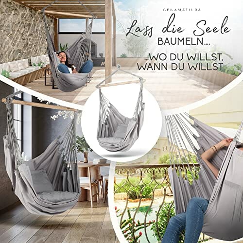 BELLAMATILDA fotel wiszący, 100% bawełna, bardzo długi i 3 poduszki, krzesło wiszące, do użytku na zewnątrz i wewnątrz, XXL dla dorosłych i dzieci, do 150 kg, do ogrodu, salonu, na balkon (jasnoszary) - obrazek 3