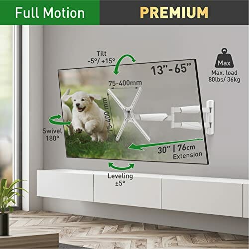 Barkan 76 cm długi biały uchwyt ścienny do telewizora, 13 - 65 cali wychylny / pochylany / ruchomy uchwyt na telewizor, wytrzymuje do 36 kg, bardzo długi wysuw, do LED OLED LCD, maks. VESA 400 x 400 - obrazek 10