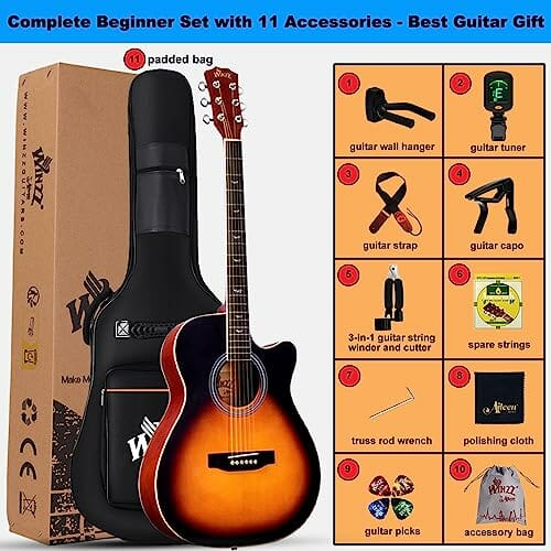 Winzz Gitara akustyczna, dla początkujących, dzieci i dorosłych, zestaw gitary westernowej z wieloma akcesoriami (40 cali-Sunburst Matt)… - obrazek 4