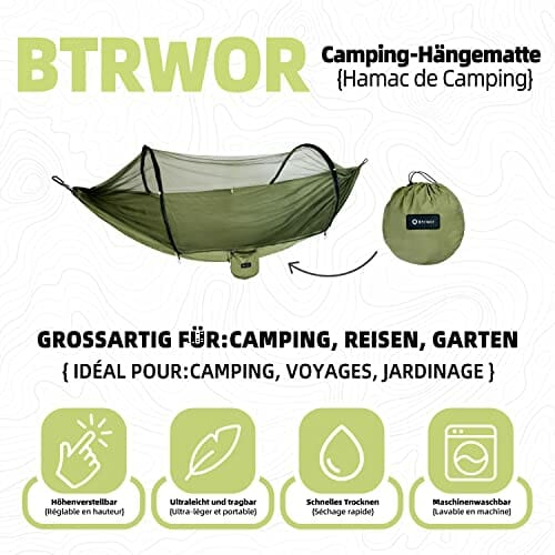 BTRWOR Hamak, hamak outdoorowy z moskitierą | nylonowy hamak podróżny | nośność 300 kg | 260 x 140 cm | akcesoria kempingowe do użytku na zewnątrz, wewnątrz z pasami na drzewo (oliwkowy) - obrazek 6