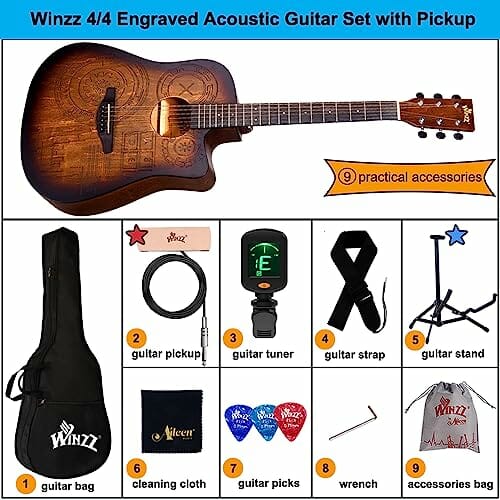Gitara Winzz Western 4/4, gitara akustyczna dla dorosłych, 41 cali, zestaw gitarowy dla początkujących (grawerunek w stylu vintage), brązowa - obrazek 5