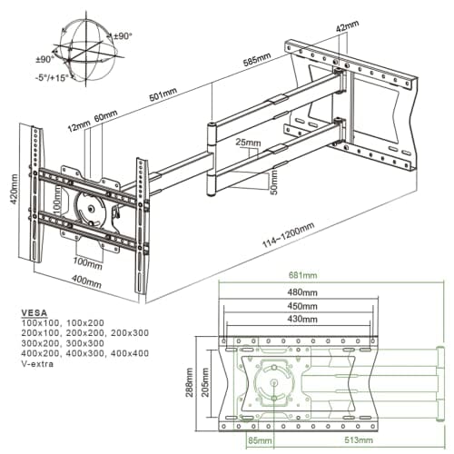 XTRARM TiTon 120 cm odległość od ściany, uchwyt ścienny TV, długie ramię obrotowe, pochylanie, obracanie, wysuwanie, TV ok. 32-75 cali do 40kg - obrazek 5