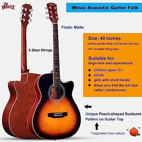 Winzz Gitara akustyczna, dla początkujących, dzieci i dorosłych, zestaw gitary westernowej z wieloma akcesoriami (40 cali-Sunburst Matt)… - obrazek 7