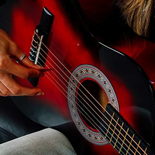 3rd Avenue Hiszpańska gitara klasyczna Kids, w rozmiarze 3/4, dla początkujących, struny nylonowe – futerał, struny, stroik cyfrowy – w kolorze czerwonym - obrazek 2