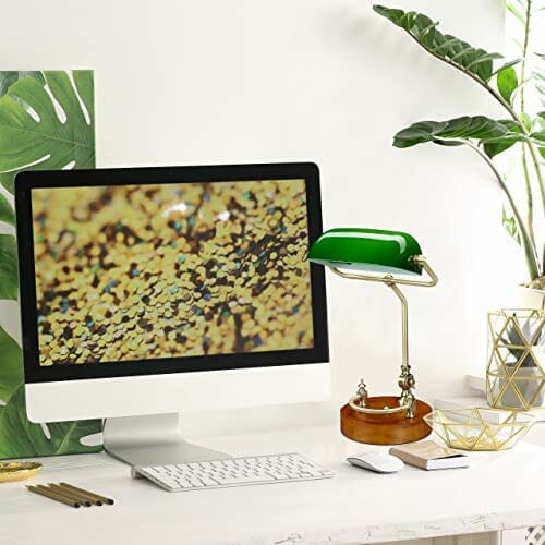 Relaxdays Lampa bankierska, z odchylanym szklanym kloszem i drewnianą podstawą, lampa biurkowa retro/vintage, E27, lampa bibliotekowa, zielona, 10034378, 43 x 26,5 x 23,5 cm - obrazek 9